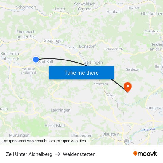Zell Unter Aichelberg to Weidenstetten map