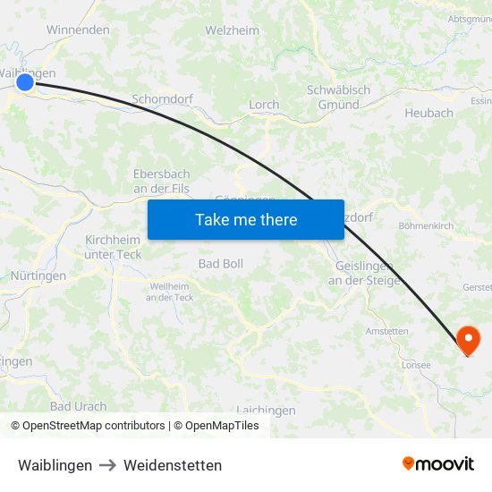 Waiblingen to Weidenstetten map
