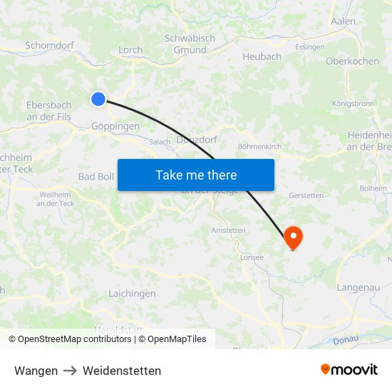 Wangen to Weidenstetten map
