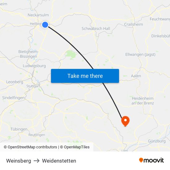 Weinsberg to Weidenstetten map