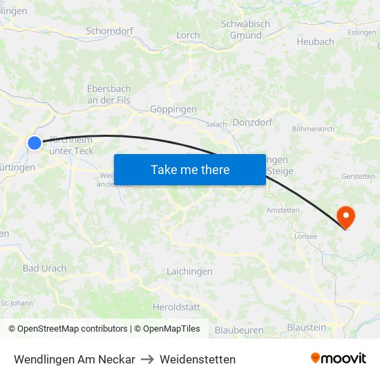 Wendlingen Am Neckar to Weidenstetten map