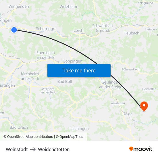 Weinstadt to Weidenstetten map