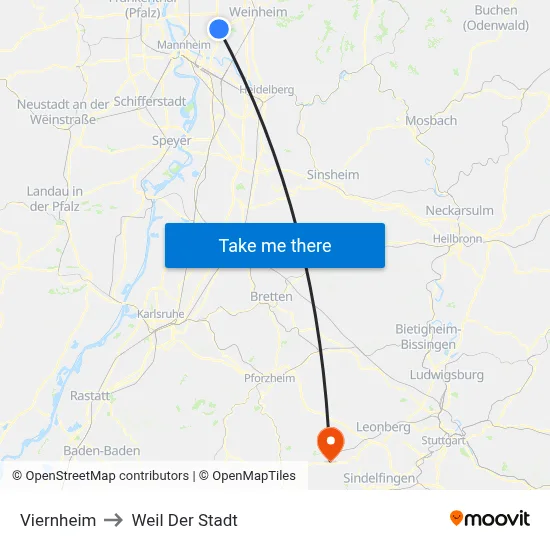 Viernheim to Weil Der Stadt map