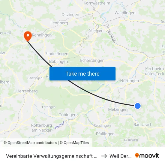 Vereinbarte Verwaltungsgemeinschaft Der Stadt Neuffen to Weil Der Stadt map