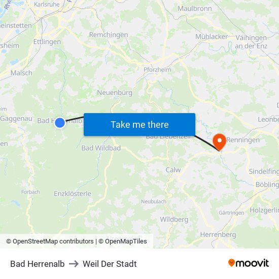 Bad Herrenalb to Weil Der Stadt map