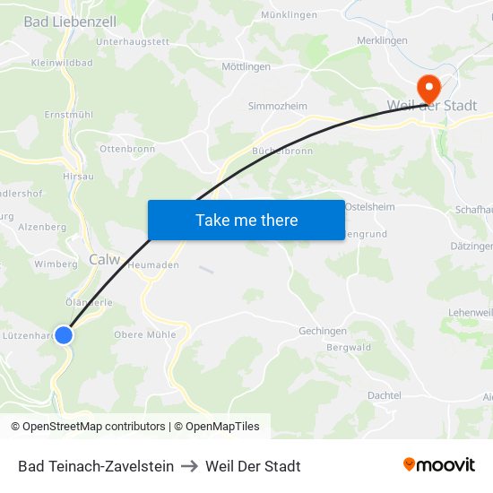 Bad Teinach-Zavelstein to Weil Der Stadt map