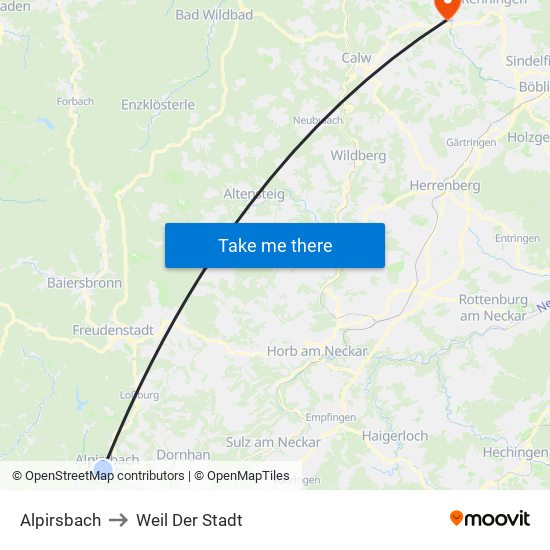 Alpirsbach to Weil Der Stadt map