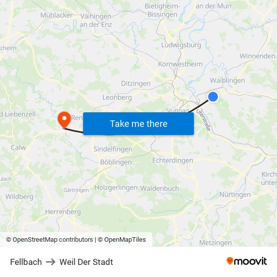 Fellbach to Weil Der Stadt map