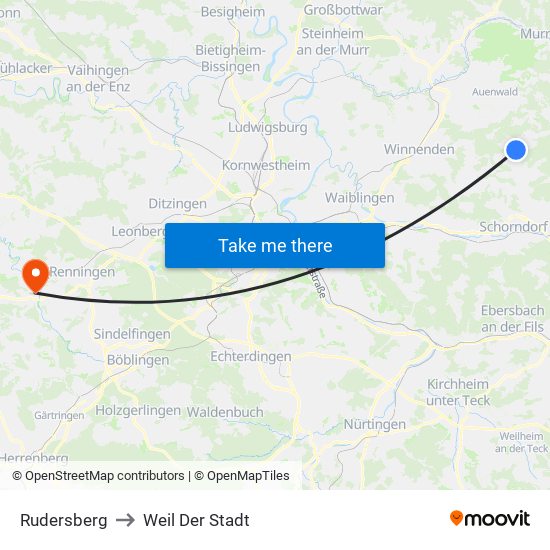 Rudersberg to Weil Der Stadt map