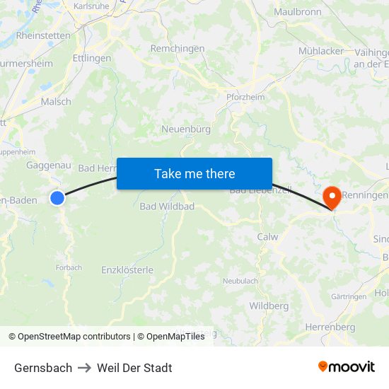 Gernsbach to Weil Der Stadt map