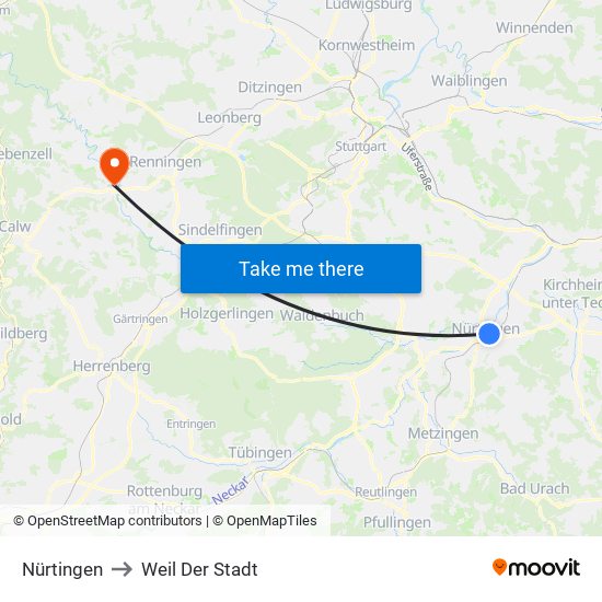 Nürtingen to Weil Der Stadt map