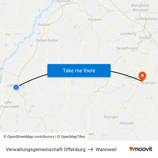 Verwaltungsgemeinschaft Offenburg to Wannweil map