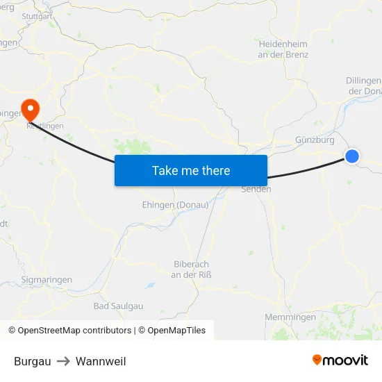 Burgau to Wannweil map