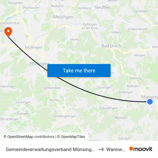 Gemeindeverwaltungsverband Münsingen to Wannweil map