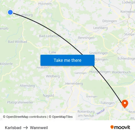 Karlsbad to Wannweil map
