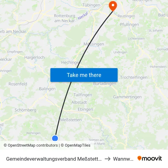 Gemeindeverwaltungsverband Meßstetten to Wannweil map