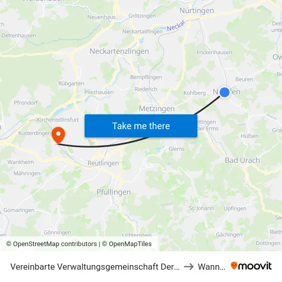 Vereinbarte Verwaltungsgemeinschaft Der Stadt Neuffen to Wannweil map
