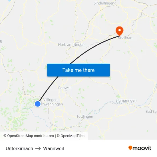 Unterkirnach to Wannweil map