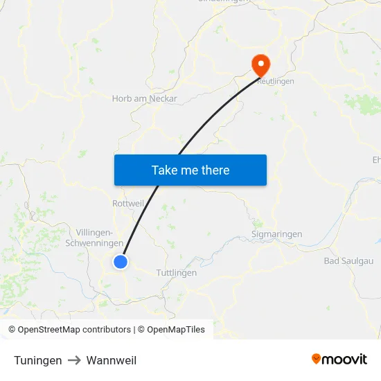 Tuningen to Wannweil map
