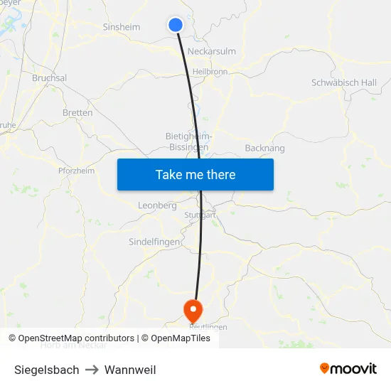 Siegelsbach to Wannweil map