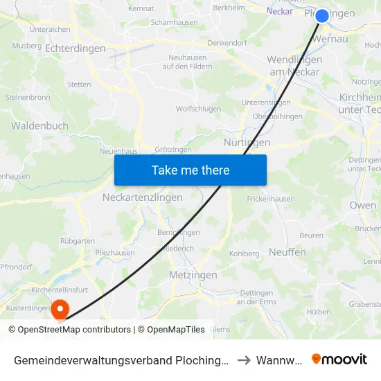 Gemeindeverwaltungsverband Plochingen to Wannweil map
