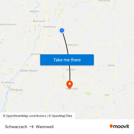 Schwarzach to Wannweil map