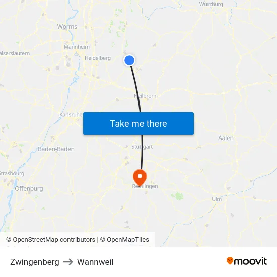 Zwingenberg to Wannweil map