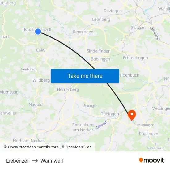 Liebenzell to Wannweil map