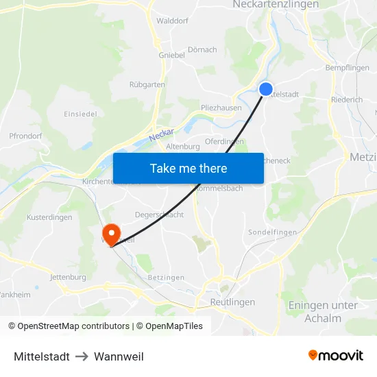 Mittelstadt to Wannweil map