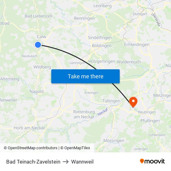 Bad Teinach-Zavelstein to Wannweil map