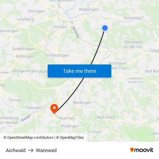 Aichwald to Wannweil map