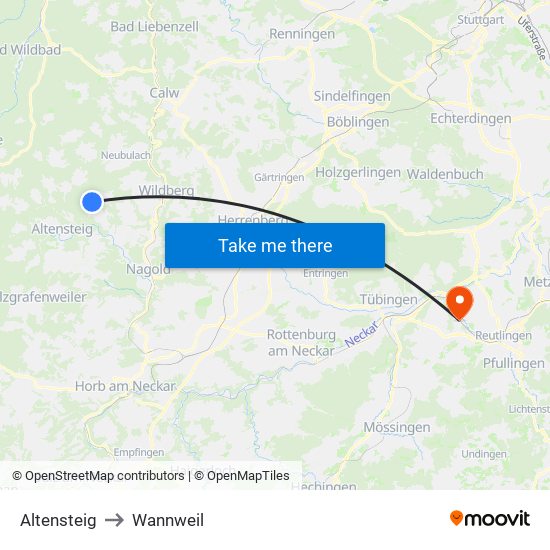Altensteig to Wannweil map
