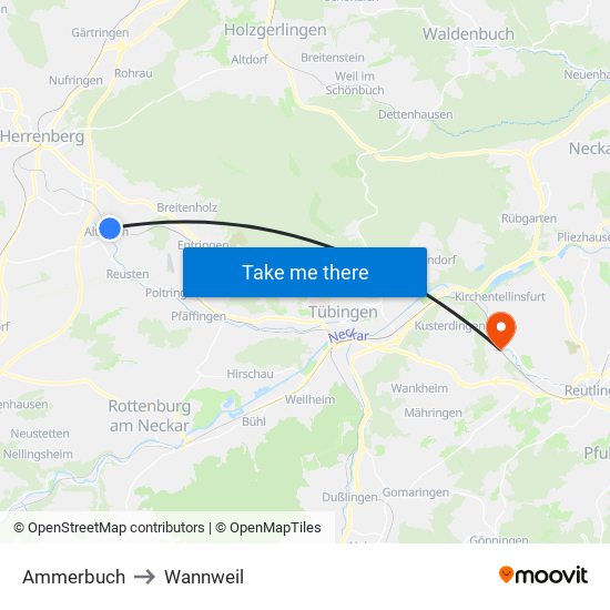 Ammerbuch to Wannweil map