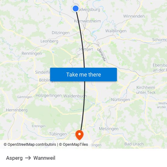 Asperg to Wannweil map