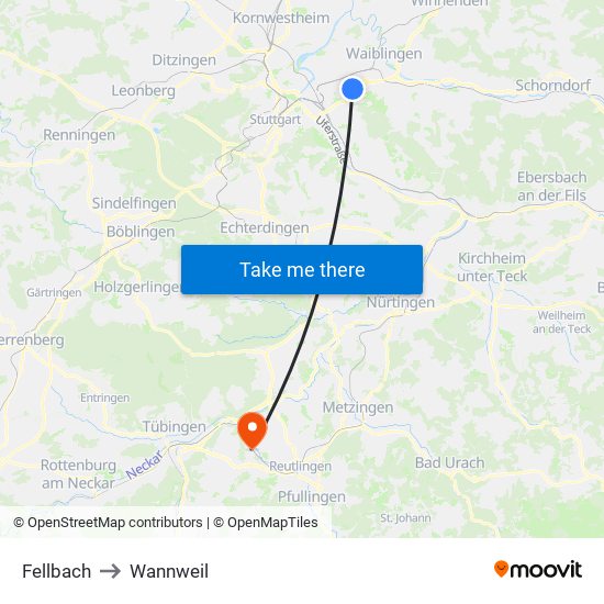 Fellbach to Wannweil map