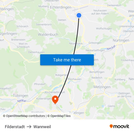 Filderstadt to Wannweil map