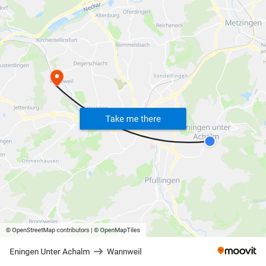 Eningen Unter Achalm to Wannweil map