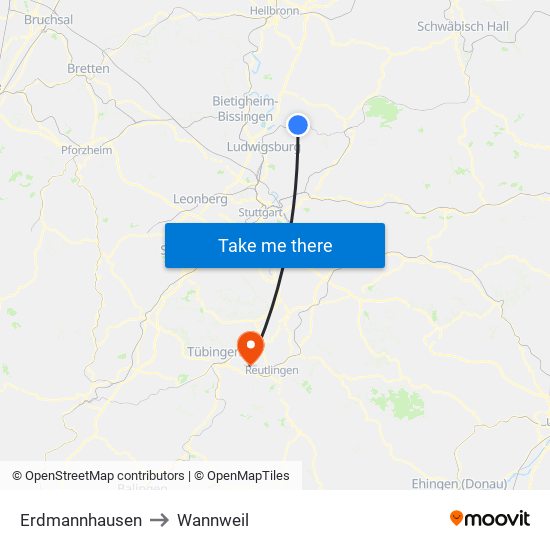 Erdmannhausen to Wannweil map