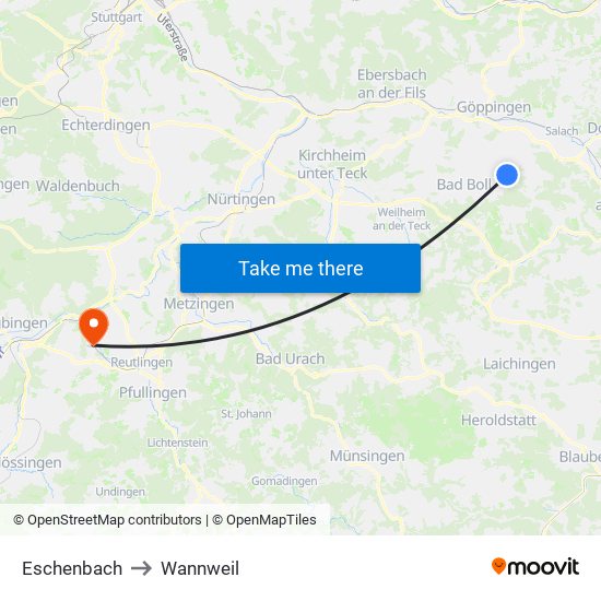 Eschenbach to Wannweil map