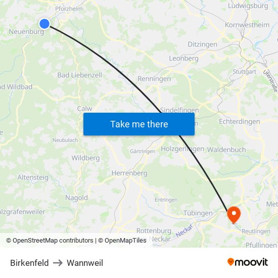 Birkenfeld to Wannweil map