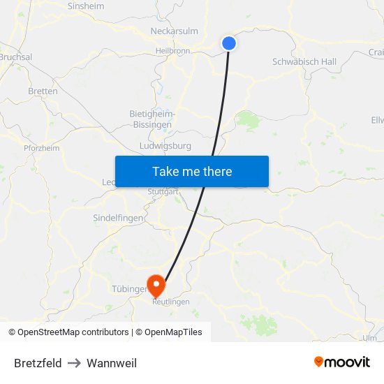 Bretzfeld to Wannweil map