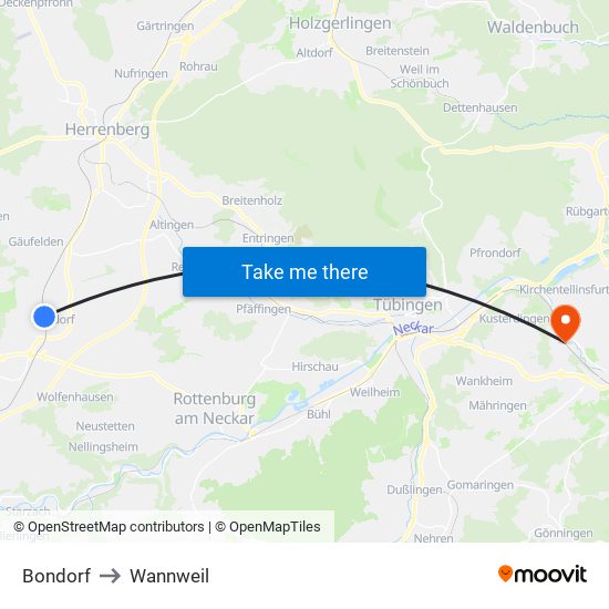 Bondorf to Wannweil map
