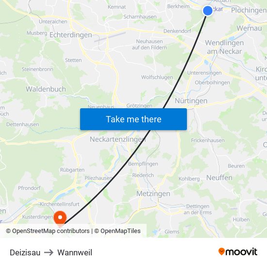 Deizisau to Wannweil map