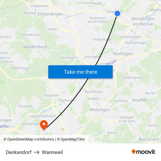 Denkendorf to Wannweil map