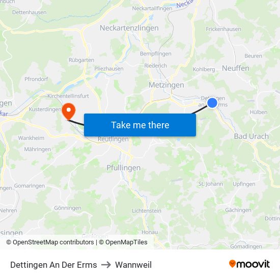 Dettingen An Der Erms to Wannweil map