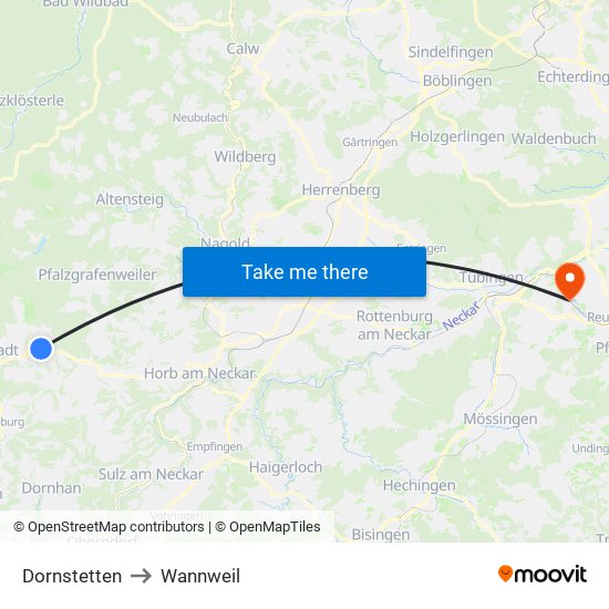 Dornstetten to Wannweil map