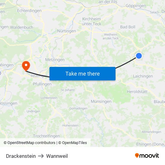 Drackenstein to Wannweil map