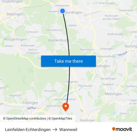 Leinfelden-Echterdingen to Wannweil map