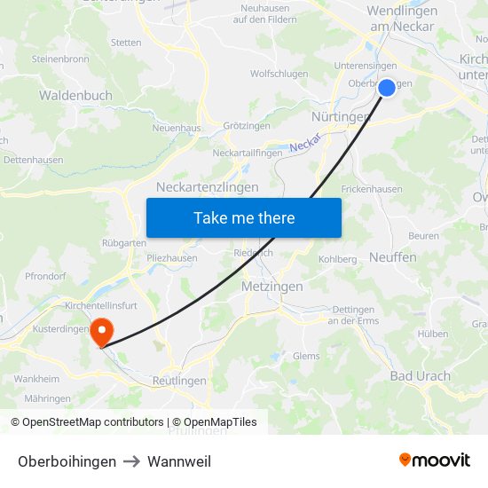 Oberboihingen to Wannweil map
