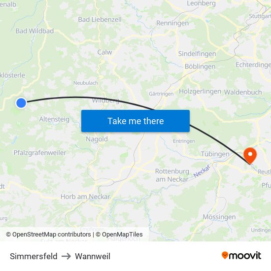 Simmersfeld to Wannweil map